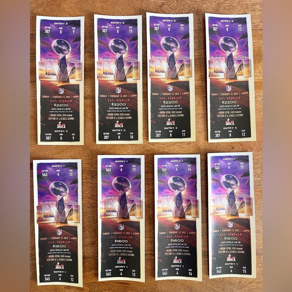 NFL Super Bowl LVI 2022, 8 Commemorative Tickets LA Rams vs. Cincinnati Bengals